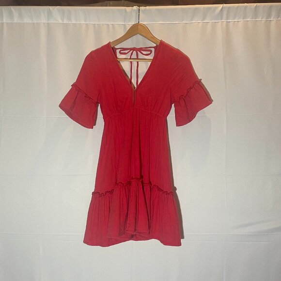 BILLABONG X Sincerely Jules Soft Red Ruffle Lovers Wish Gauzy Dress Deep-Back Sm - Picture 1 of 12